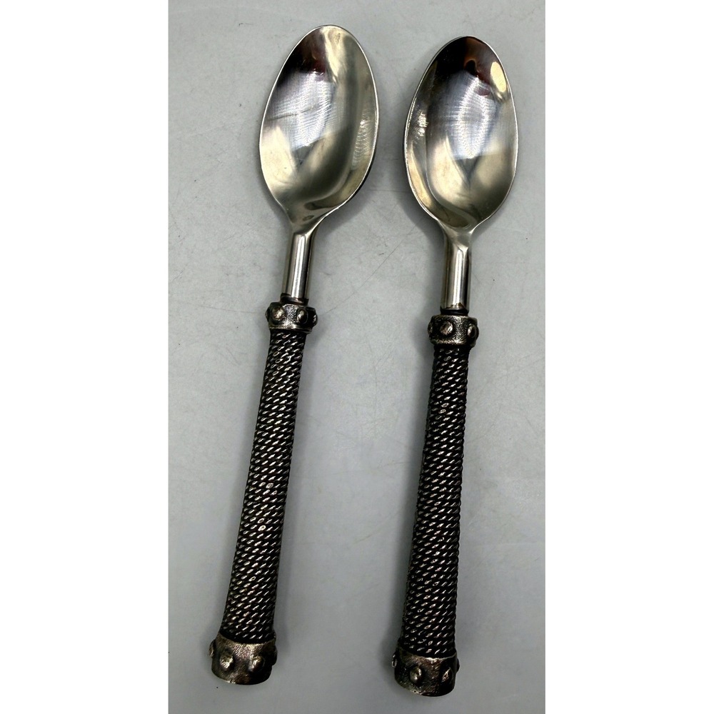 Pottery Barn Antique Rope Spoons Silver Metal Twisted Handle Set of 2 India
